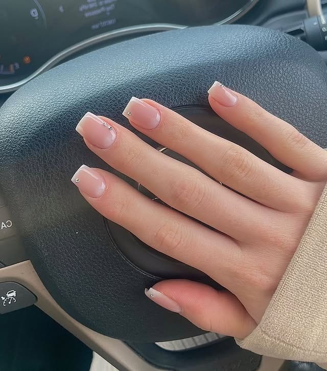 22. Minimal Square French with Sheer Pink and Micro Crystals - square french tip nail ideas