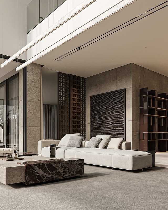 1. Architectural Minimalism in Warm Gray and Stone - gray living room ideas