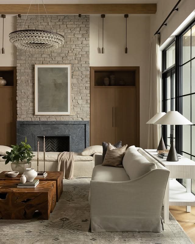 6. Stone and Gray Transitional Living Space - gray living room ideas