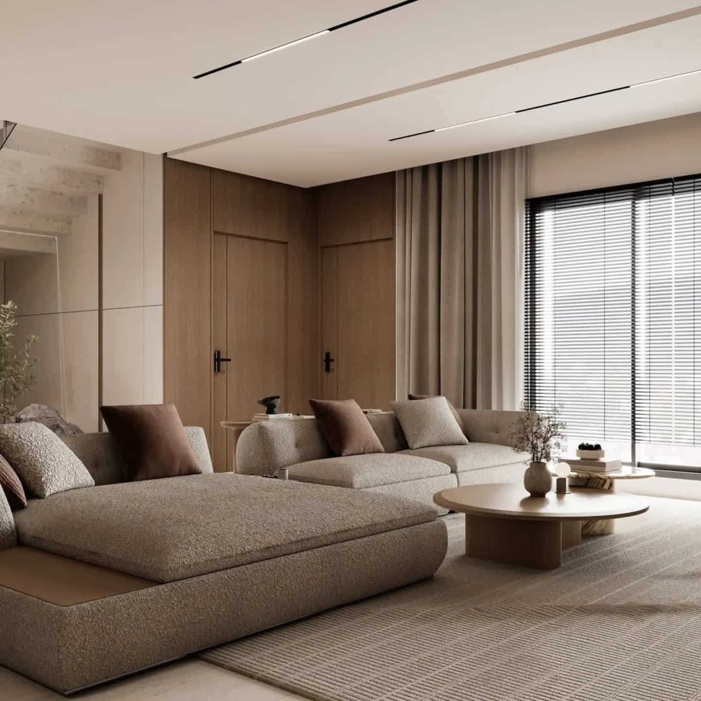 7. Warm Gray Minimalism with Low Seating - gray living room ideas