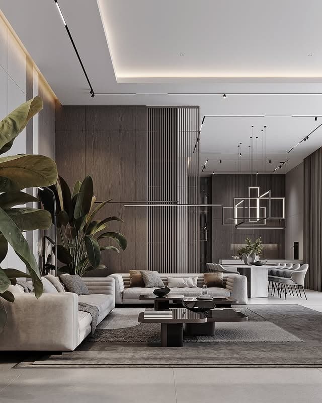 9. Modern Gray Living Room with Statement Lighting - gray living room ideas