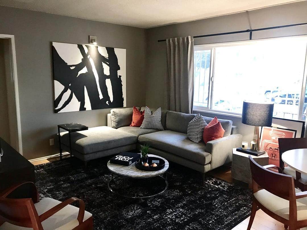 12. Cozy Gray Living Room with Graphic Accents - gray living room ideas