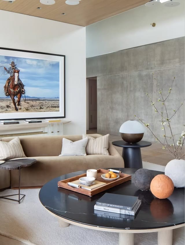 13. Organic Gray Living Room with Concrete Influence - gray living room ideas