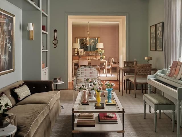 16. Soft Gray Traditional Living Room with Collected Details - gray living room ideas