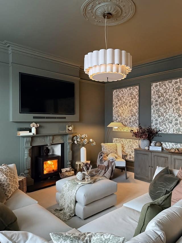 21. Classic Gray Living Room with Fireplace Charm - gray living room ideas