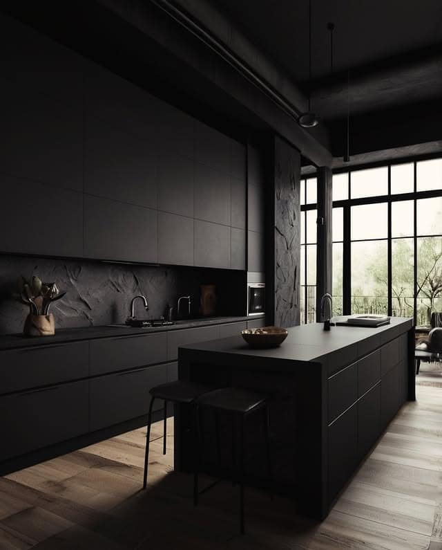 7. Dark Modern Kitchen with Layered Lighting - black kitchen ideas