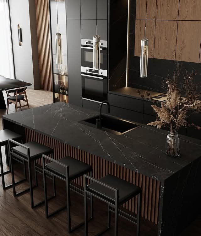 8. Black and Wood Kitchen with Vertical Slat Island - black kitchen ideas