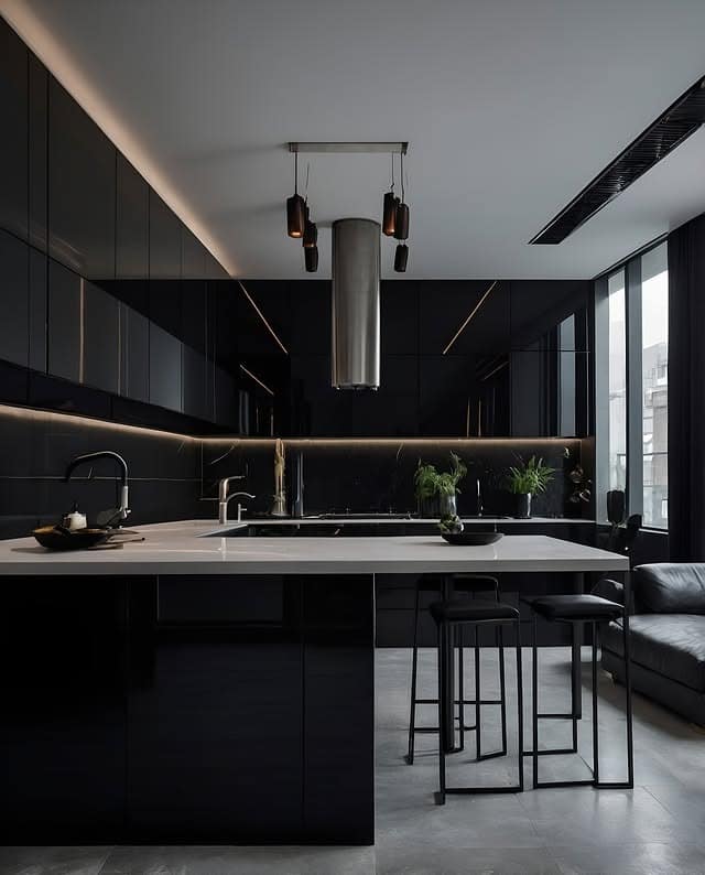 9. Contemporary Black Kitchen with Integrated Appliances - black kitchen ideas