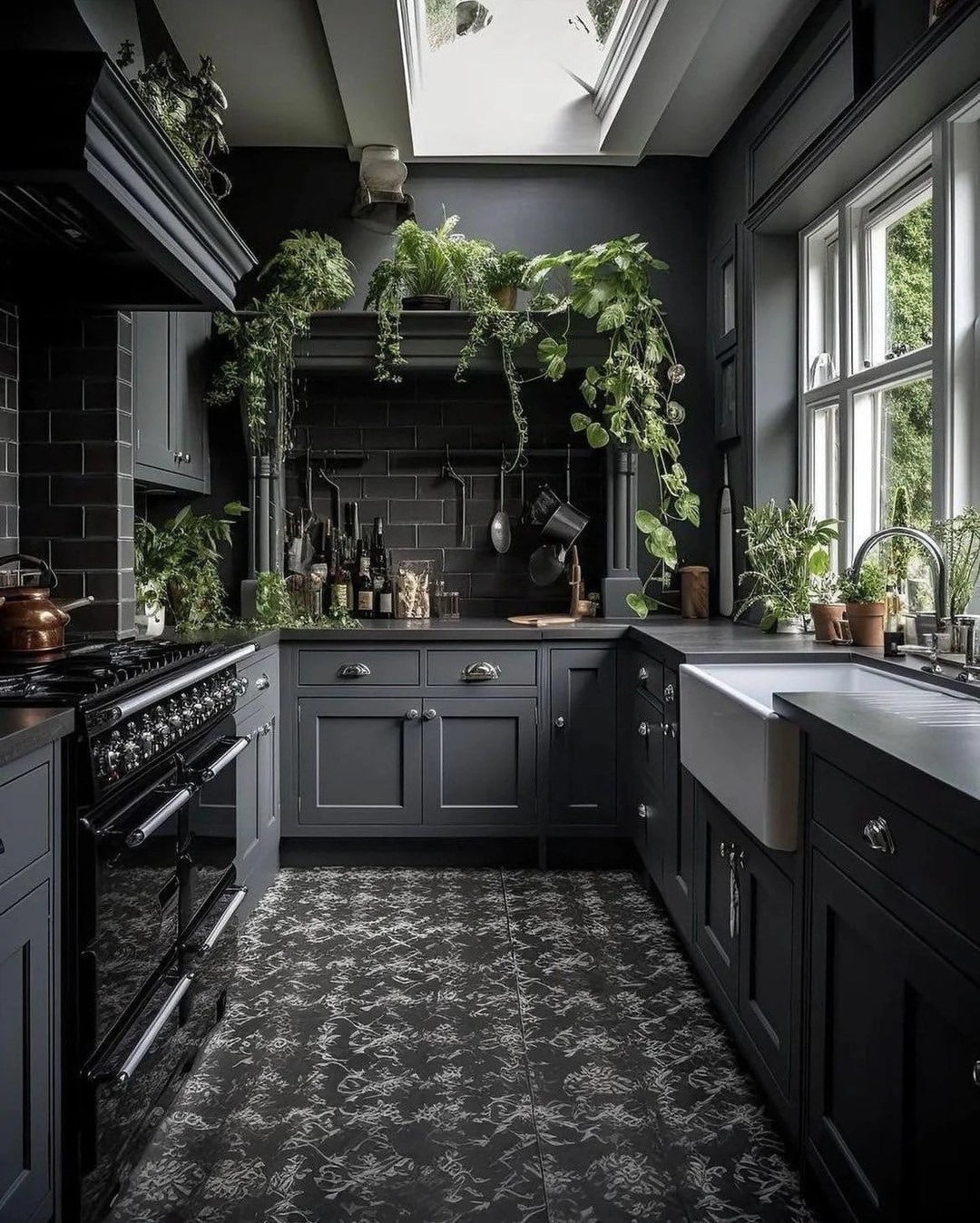 10. Classic Black Kitchen with Botanical Accents - black kitchen ideas