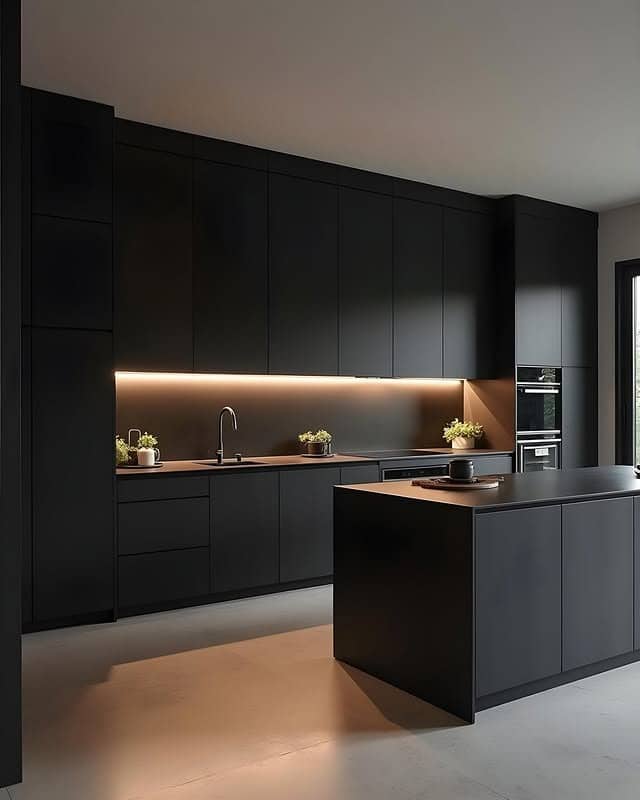 12. Sleek Black Kitchen with Integrated Lighting - black kitchen ideas