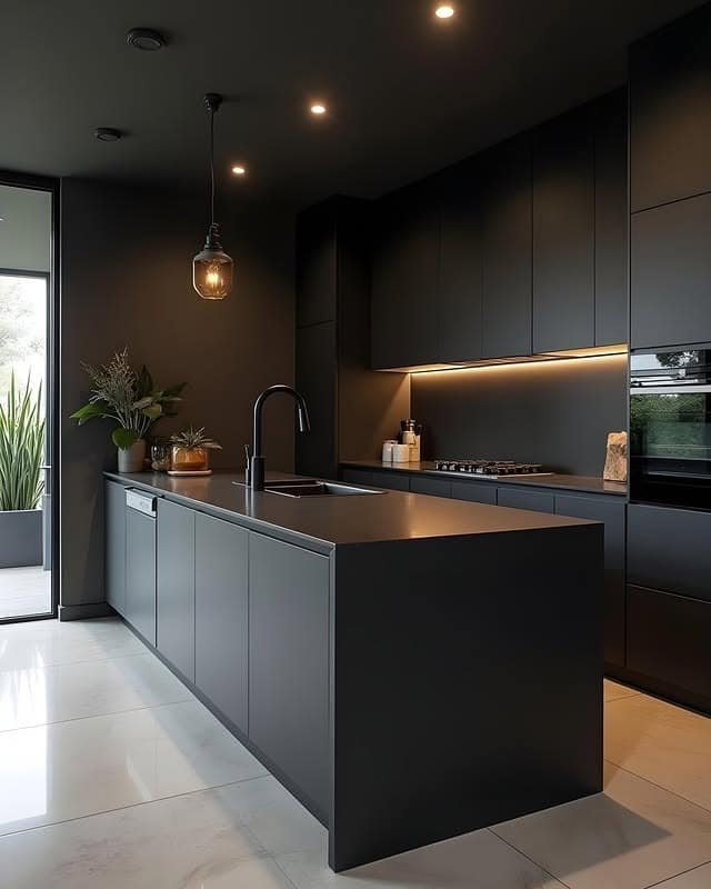 14. Dark Matte Kitchen with Statement Island - black kitchen ideas