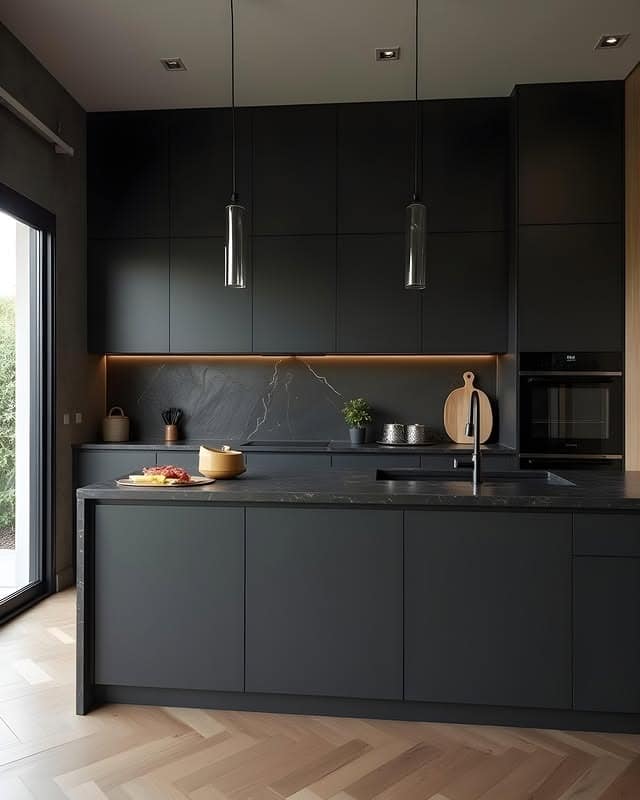 21. Matte Black Kitchen with Warm Wood Flooring - black kitchen ideas