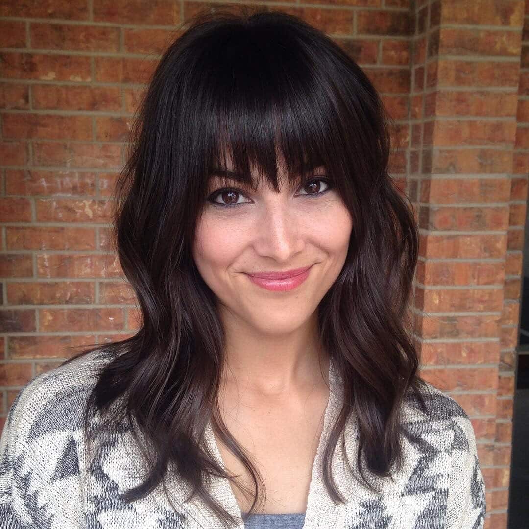 2. Soft Wavy Lob with Espresso Brown Bangs - Wavy Hair with Bangs
