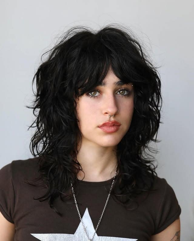 12. Textured Wavy Shag with Full Bangs in Jet Black - Wavy Hair with Bangs