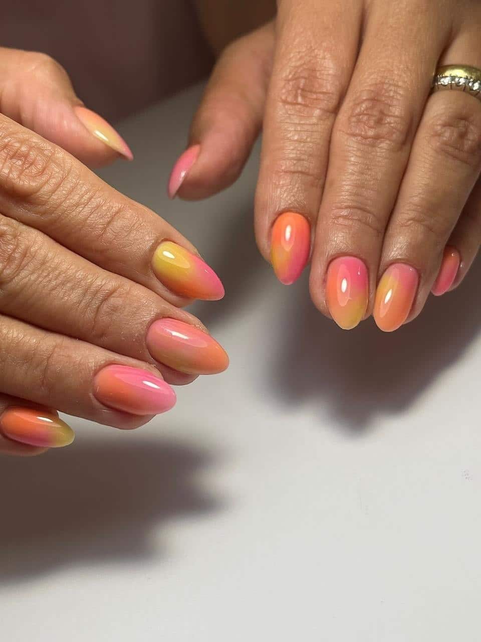 8. Golden Hour Nude Sunset Nails - sunset nail ideas