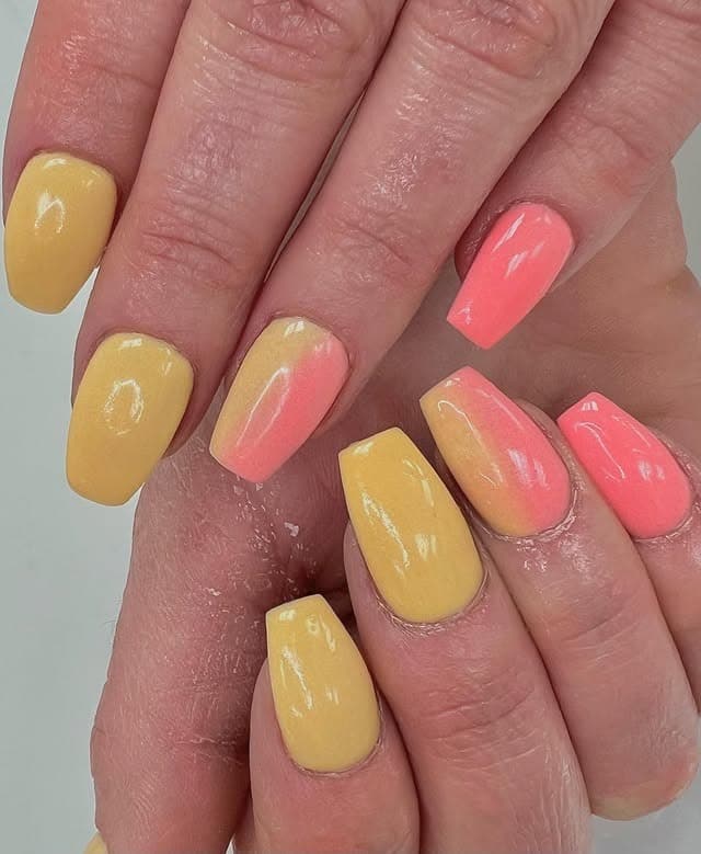 11. Lemon Peach Sunset Square Nails - sunset nail ideas
