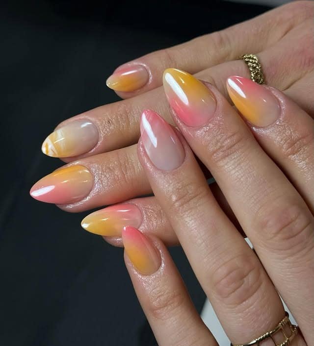 12. Blended Sunset Almond Ombré - sunset nail ideas