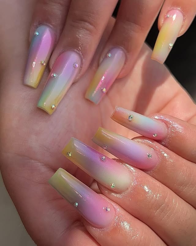 17. Crystal Sunset Coffin Nails - sunset nail ideas