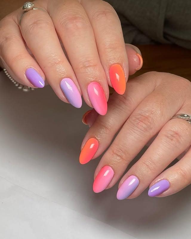 19. Pastel Sunset Almond Color Block - sunset nail ideas