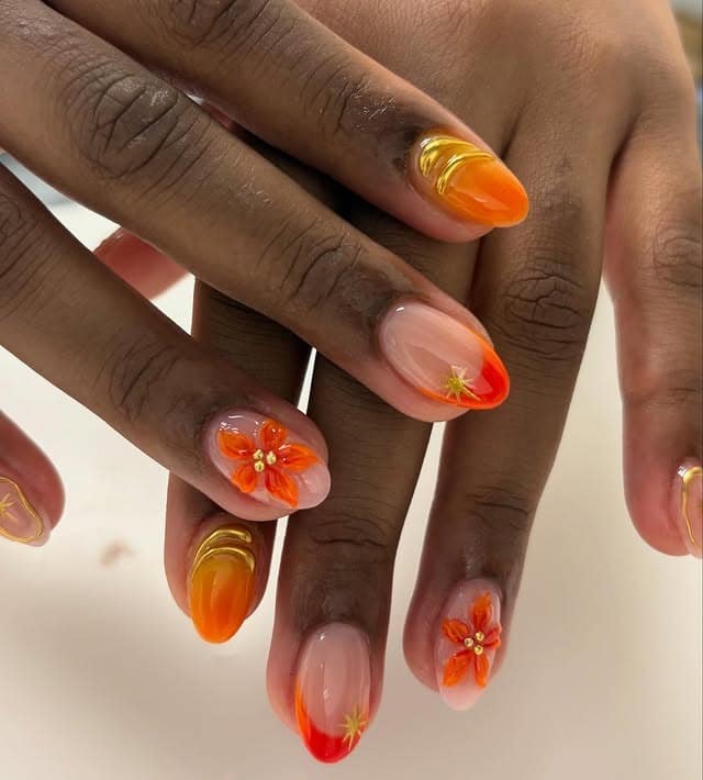 21. Sunset Floral Almond Nails in Orange and Peach - sunset nail ideas