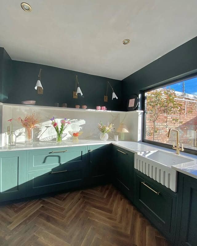 2. Deep Green Kitchen with Brass Details - kitchen window ideas