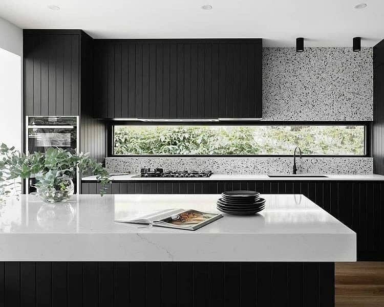 11. Matte Black Kitchen with Horizontal Window Feature - kitchen window ideas