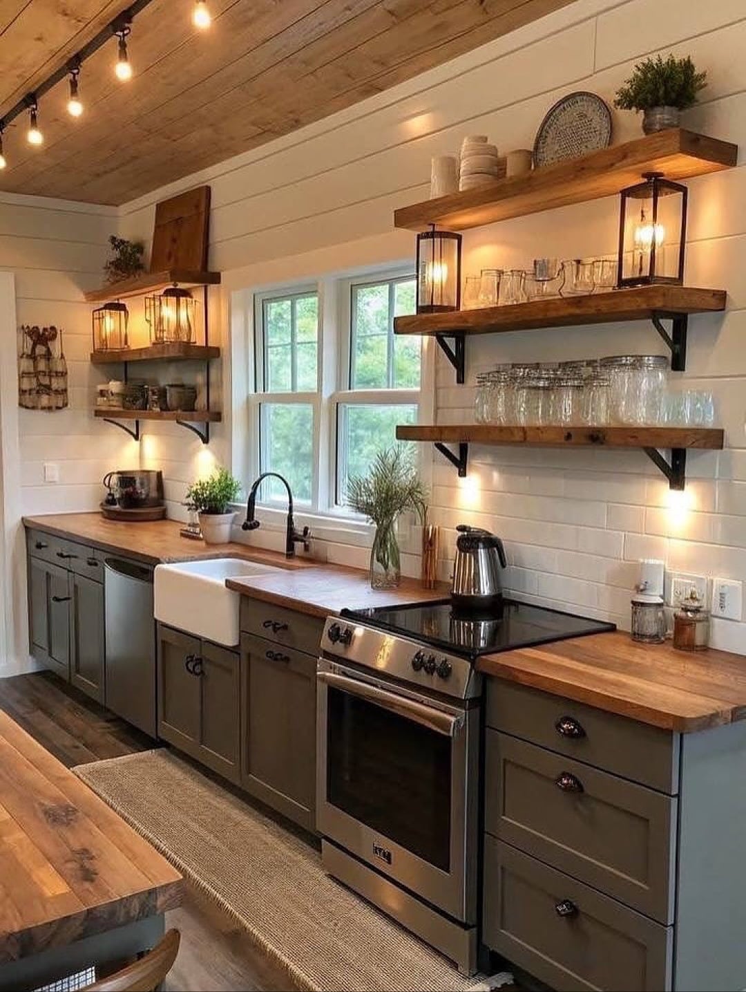 13. Rustic Green Kitchen with Wood Shelving - kitchen window ideas
