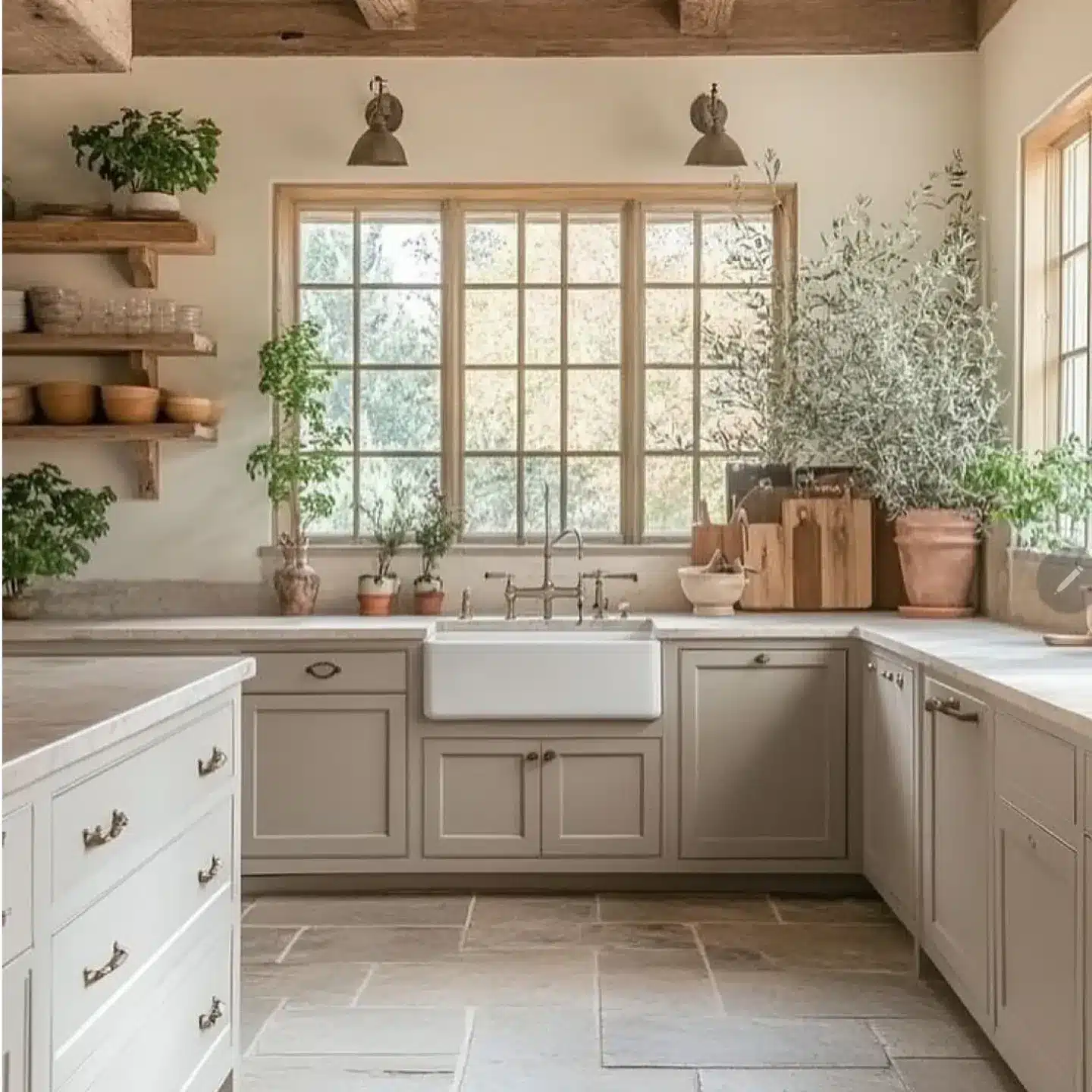 20. Soft Taupe Kitchen with Apron Sink Detail - kitchen window ideas