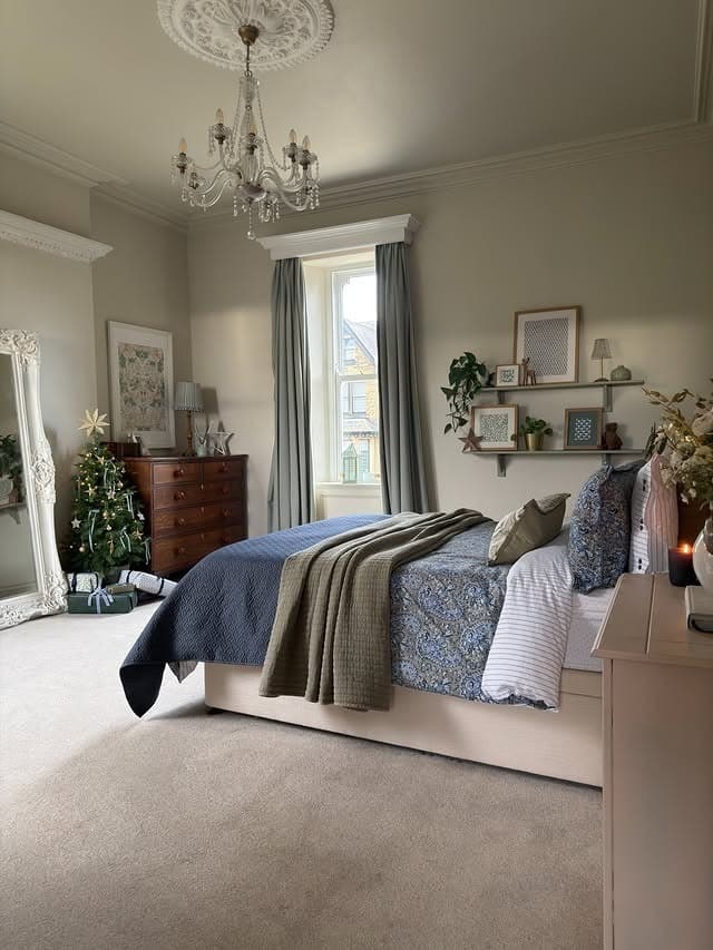 4. Elegant Traditional Bedroom in Gray and Navy Blue Layers - navy blue and gray bedroom ideas