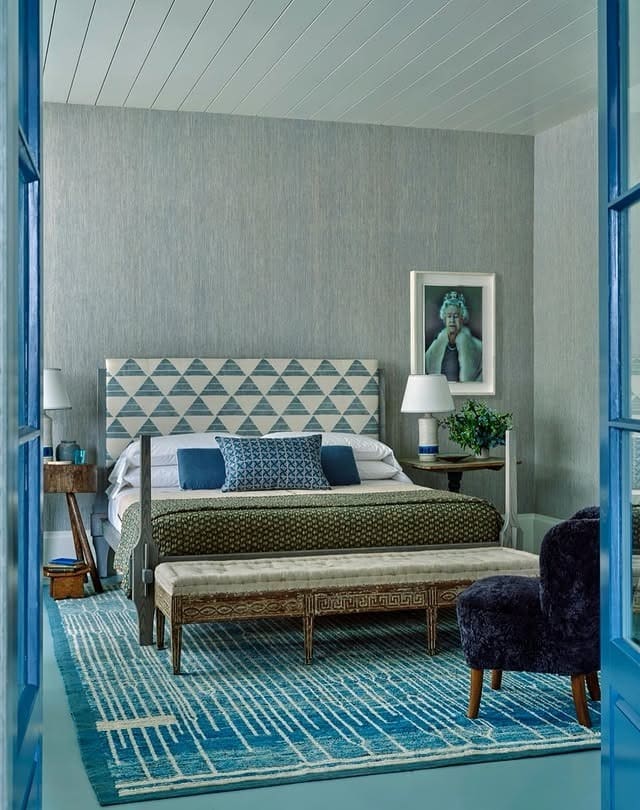6. Patterned Headboard Bedroom in Gray and Navy Tones - navy blue and gray bedroom ideas
