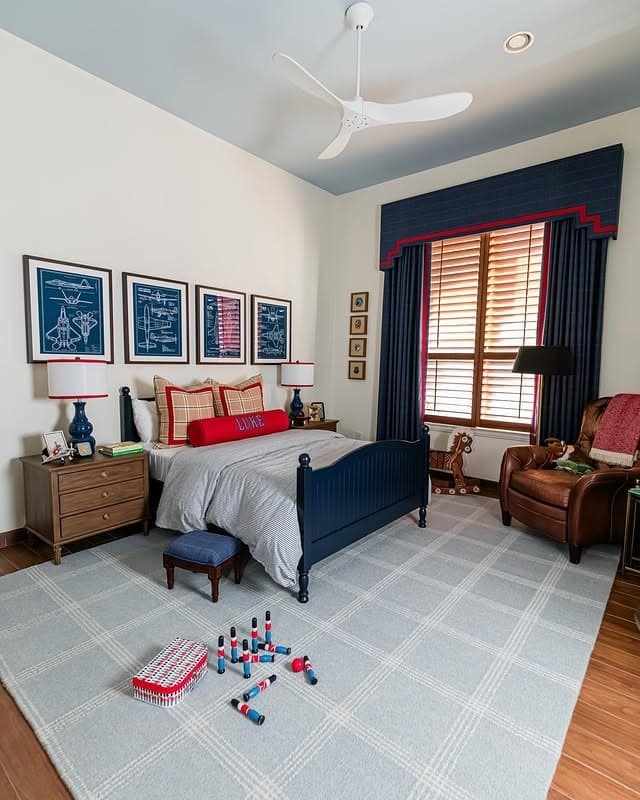 9. Classic Youth Bedroom in Navy Blue and Warm Gray - navy blue and gray bedroom ideas