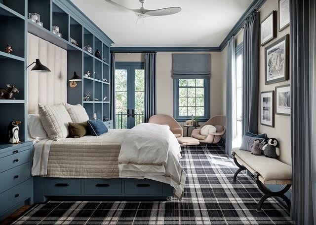10. Built-In Storage Bedroom in Gray and Navy Blue - navy blue and gray bedroom ideas