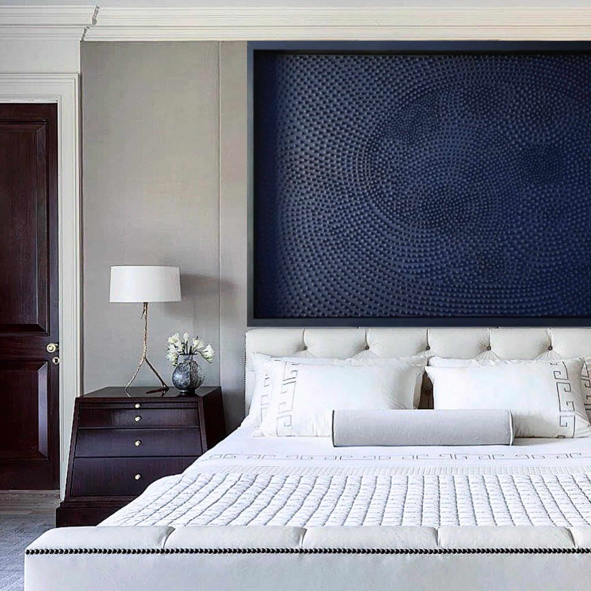 11. Textured Navy Feature Wall with Soft Gray Upholstery - navy blue and gray bedroom ideas