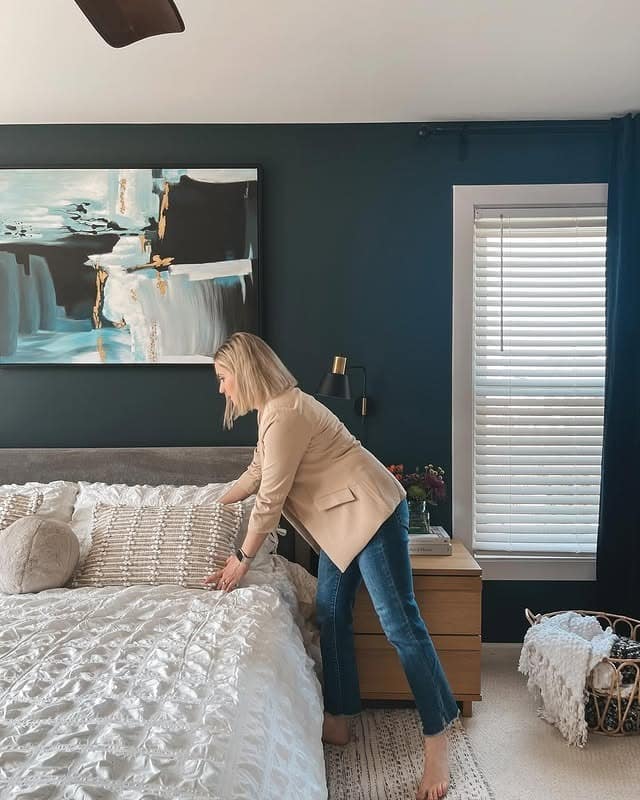 13. Modern Navy Accent Wall with Light Gray Bedding - navy blue and gray bedroom ideas