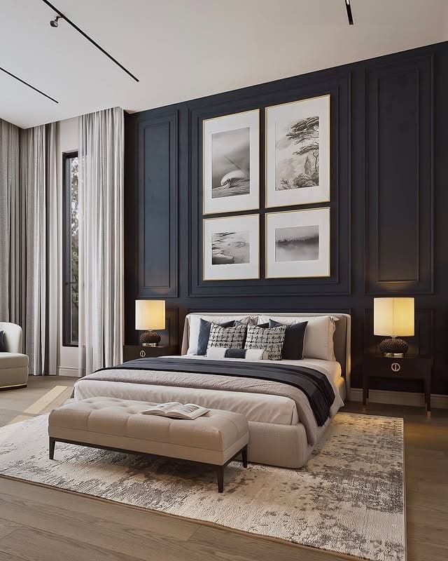 14. Formal Paneled Bedroom in Navy Blue and Warm Gray - navy blue and gray bedroom ideas