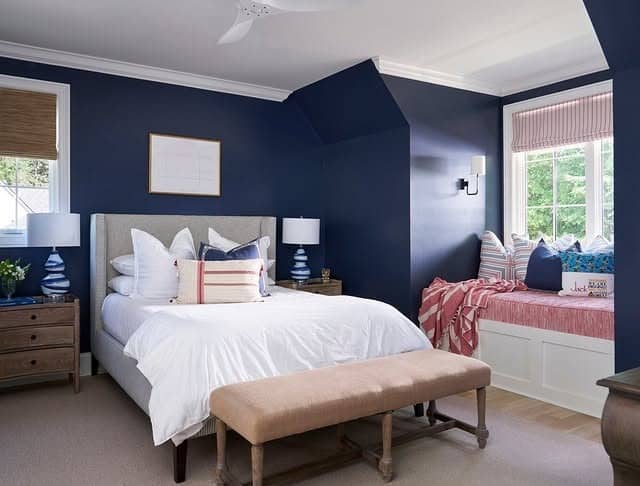 15. Navy and Gray Bedroom with Built-In Window Seating - navy blue and gray bedroom ideas