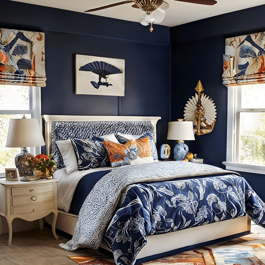 17. Layered Navy Blue Bedroom with Patterned Textiles - navy blue and gray bedroom ideas