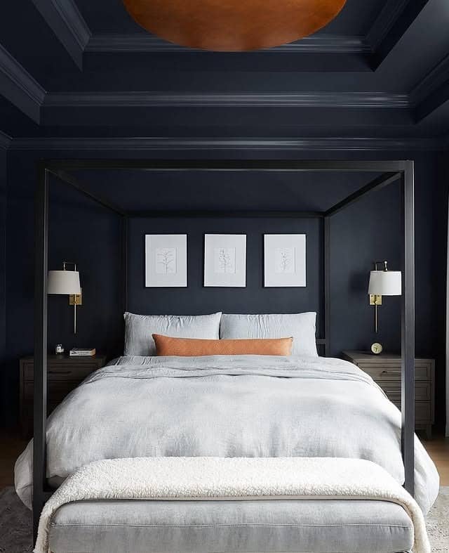 19. Dark Navy Canopy Bedroom with Soft Gray Layers - navy blue and gray bedroom ideas