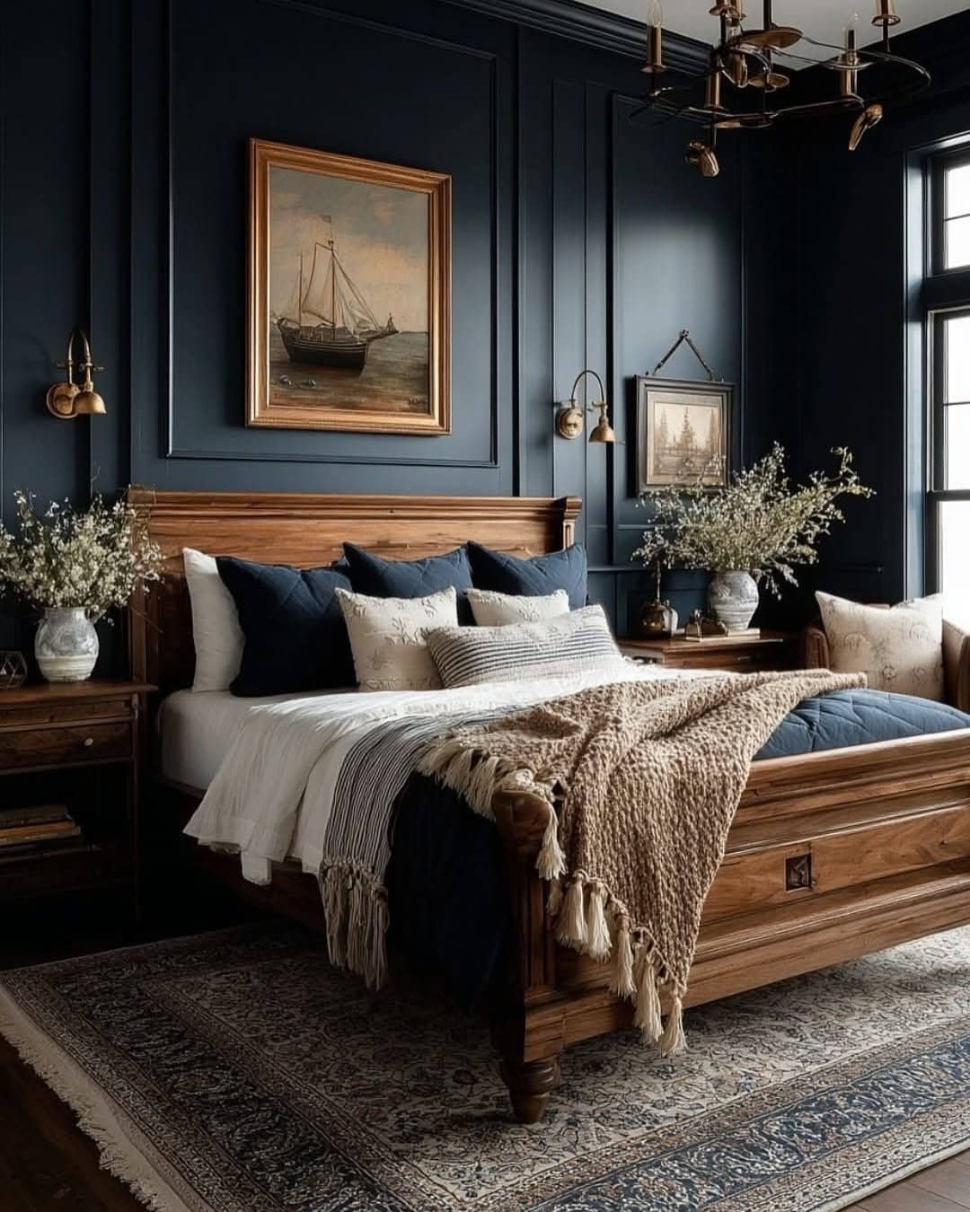 21. Classic Navy Panel Bedroom with Warm Gray and Natural Wood - navy blue and gray bedroom ideas