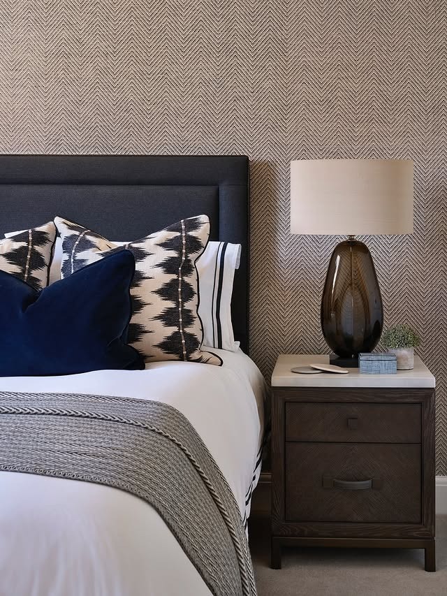 22. Modern Gray Patterned Bedroom with Navy Accents - navy blue and gray bedroom ideas