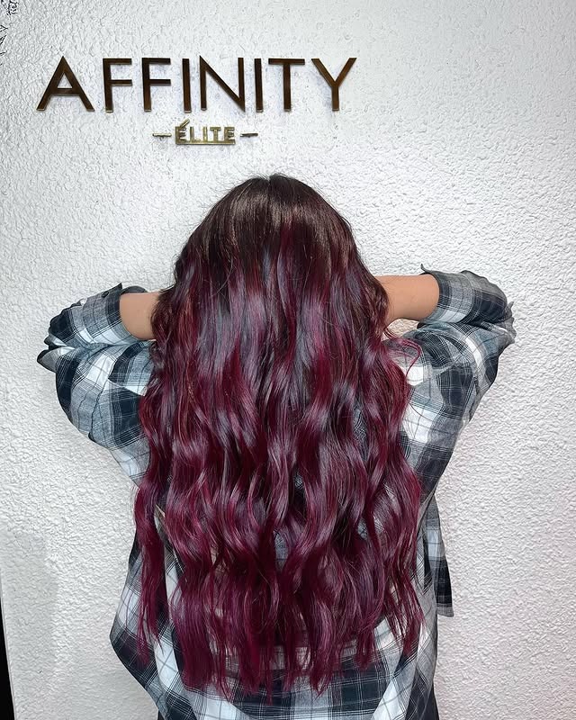 12. Long Plum Waves with Dark Root Melt - Plum Hair Color