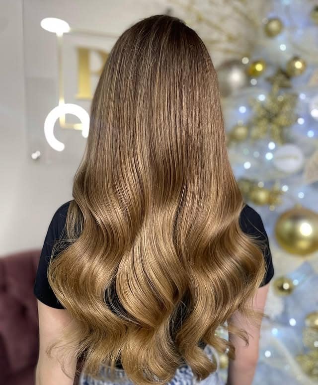 17. Classic Honey Brown with Glossy Waves - Honey Hair Color