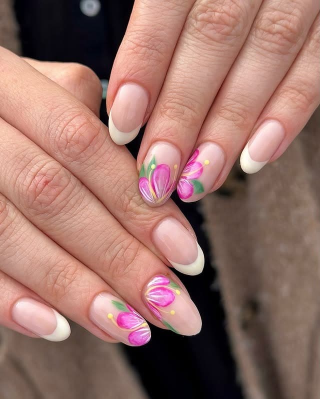 3. French Tip Tropical Flower Almond Nails in Nude and Pink - tropical flower nail ideas