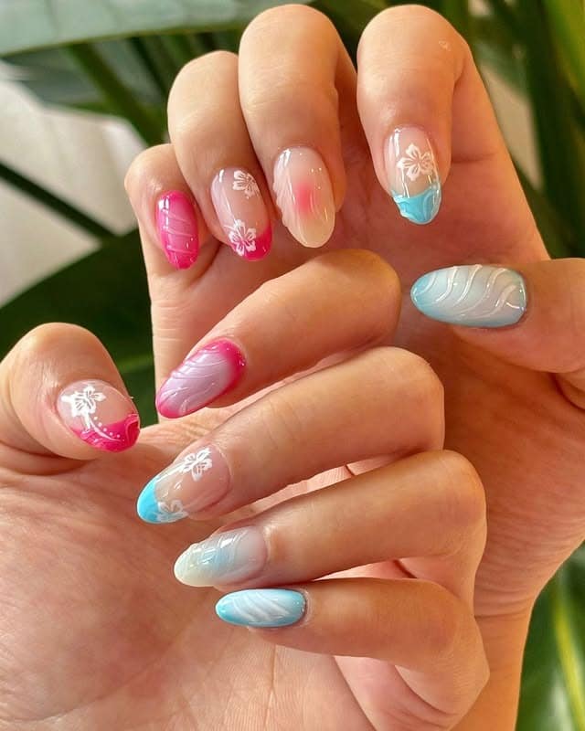 5. Island Breeze Tropical Flower Almond Nails in Pink and Aqua - tropical flower nail ideas