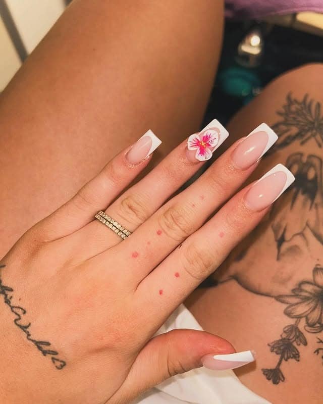 7. Tropical Flower Coffin Nails in Nude and White - tropical flower nail ideas