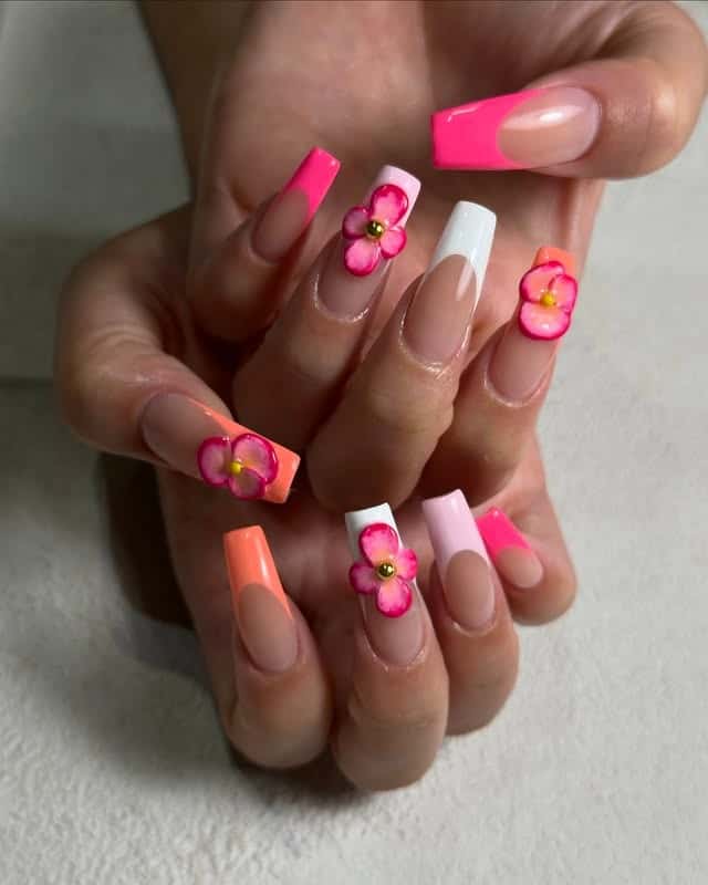 11. Tropical Floral Coffin Nails in Nude, Pink, and White - tropical flower nail ideas