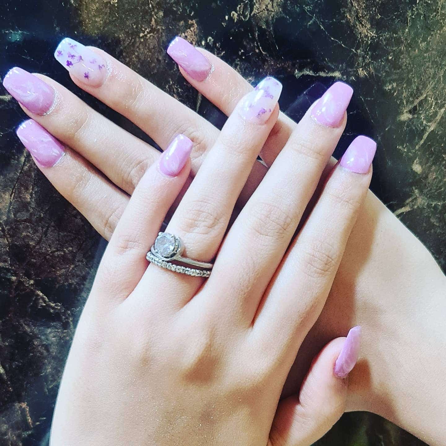 12. Soft Tropical Pressed Flower Square Nails in Lavender Pink - tropical flower nail ideas