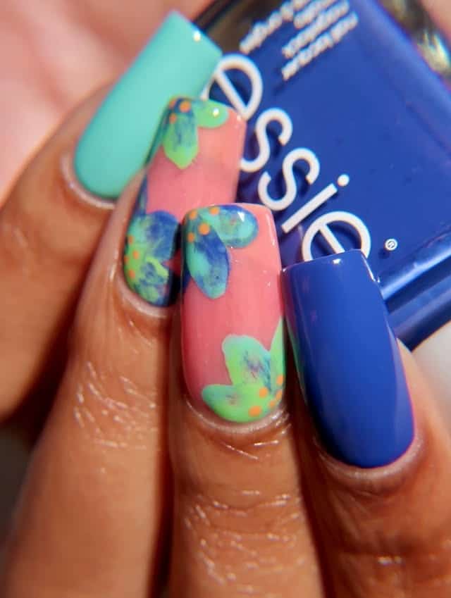 14. Abstract Tropical Floral Square Nails in Pink, Blue, and Green - tropical flower nail ideas