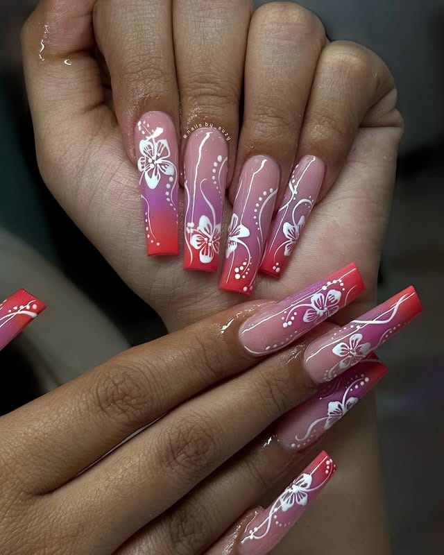 20. Tropical Floral Coffin Nails in Mauve and Coral - tropical flower nail ideas