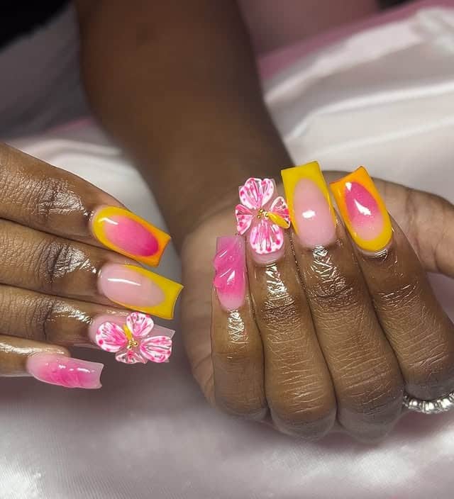 21. Tropical Floral Square Nails in Pink and Yellow - tropical flower nail ideas